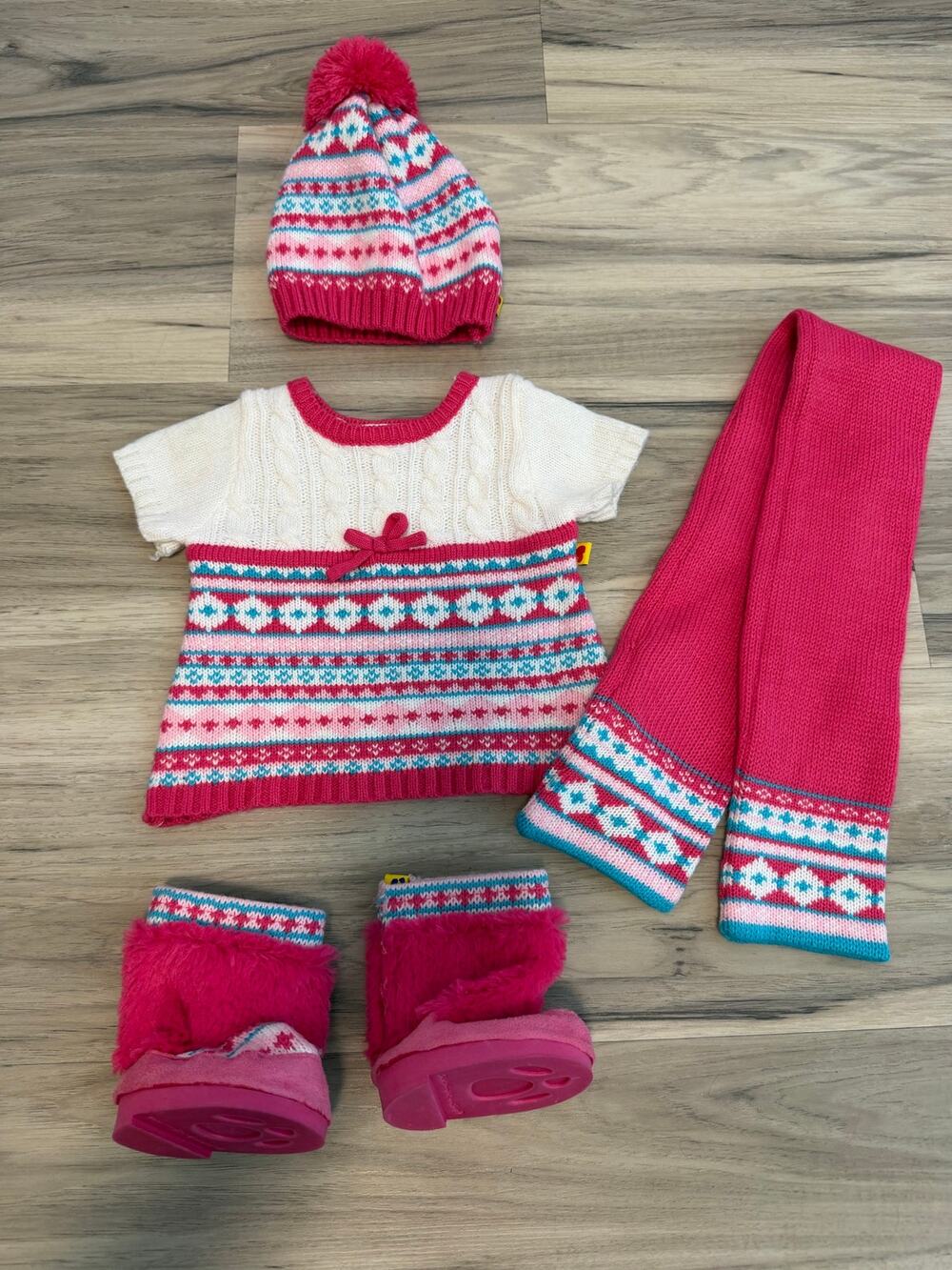Build A Bear Scarf Hat Jumper Matching Boots Outfit Winter Pink White Patterned